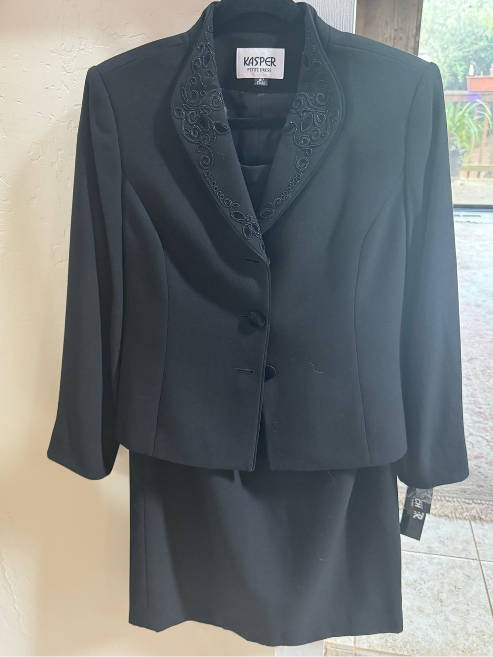 Kasper Black Embroidered Collar Skirt Suit
